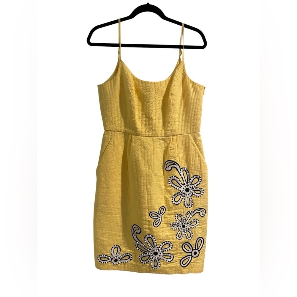 Y2K Laundry by Shelli Segal Yellow Spaghetti Mini Dress Floral Beaded Size 8
